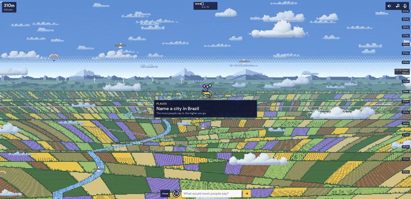 A Brazilian city prompt at 310 metres over patchwork fields and a river, with an empty answer bar and 4 of 10 rounds done