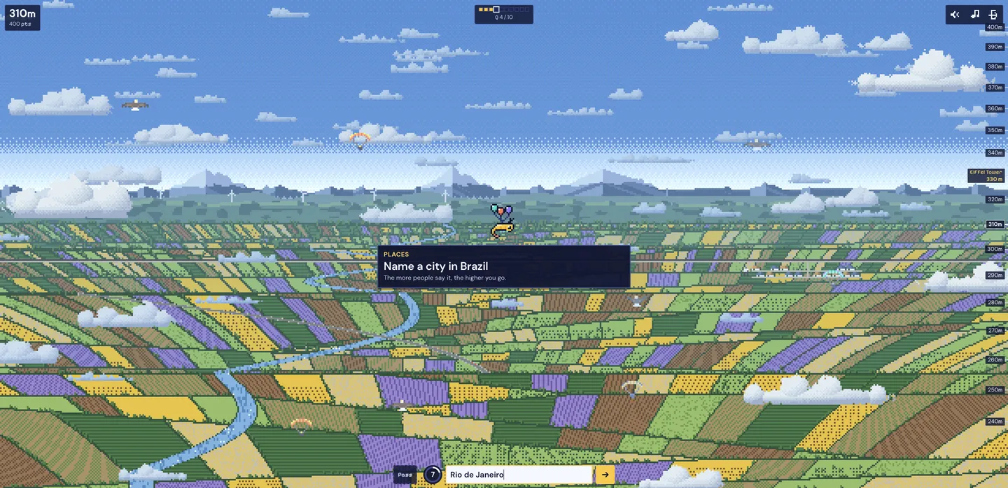Rio de Janeiro half-committed in the answer bar while the round timer sits at seven seconds, fields still below