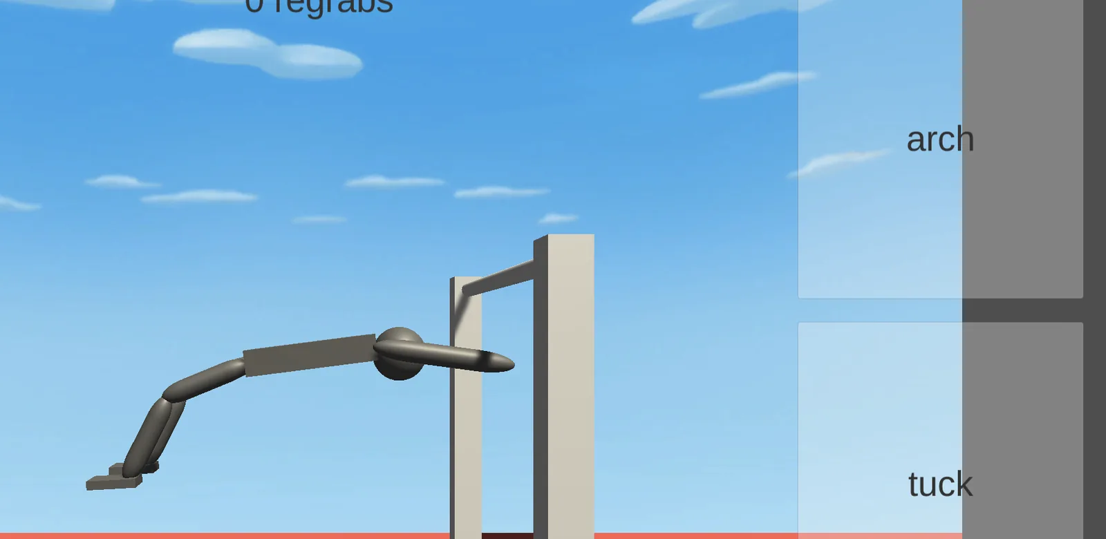 Player flying flat to the left of the bar with legs trailing, the regrab counter reading zero at the top