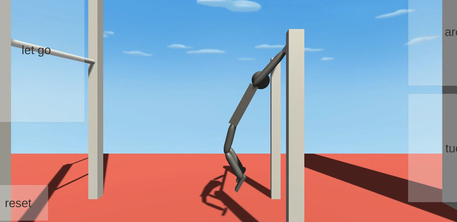 Ragdoll hanging from the right bar, back arched and knees bent behind, with the let go and reset buttons on screen