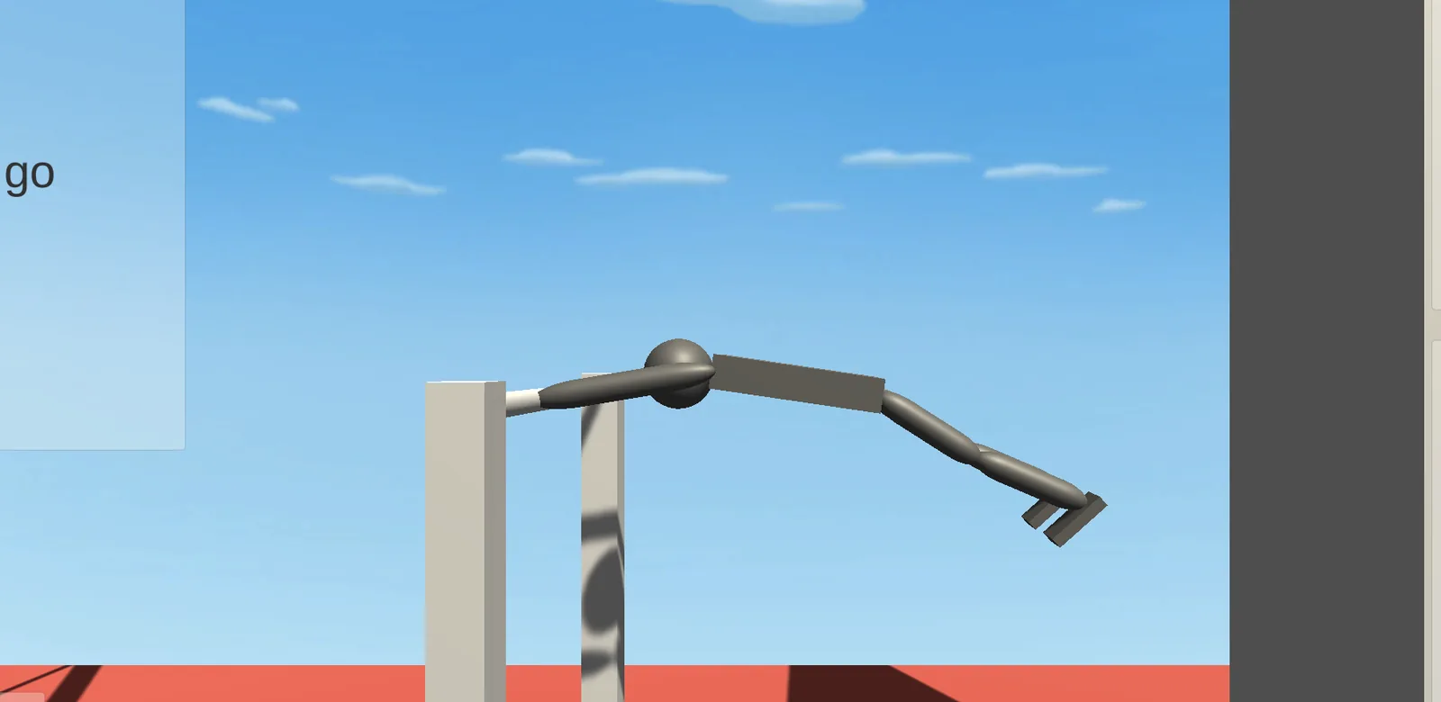 After pressing R the body lies across the top of the left bar, legs folded to the right under a clear sky